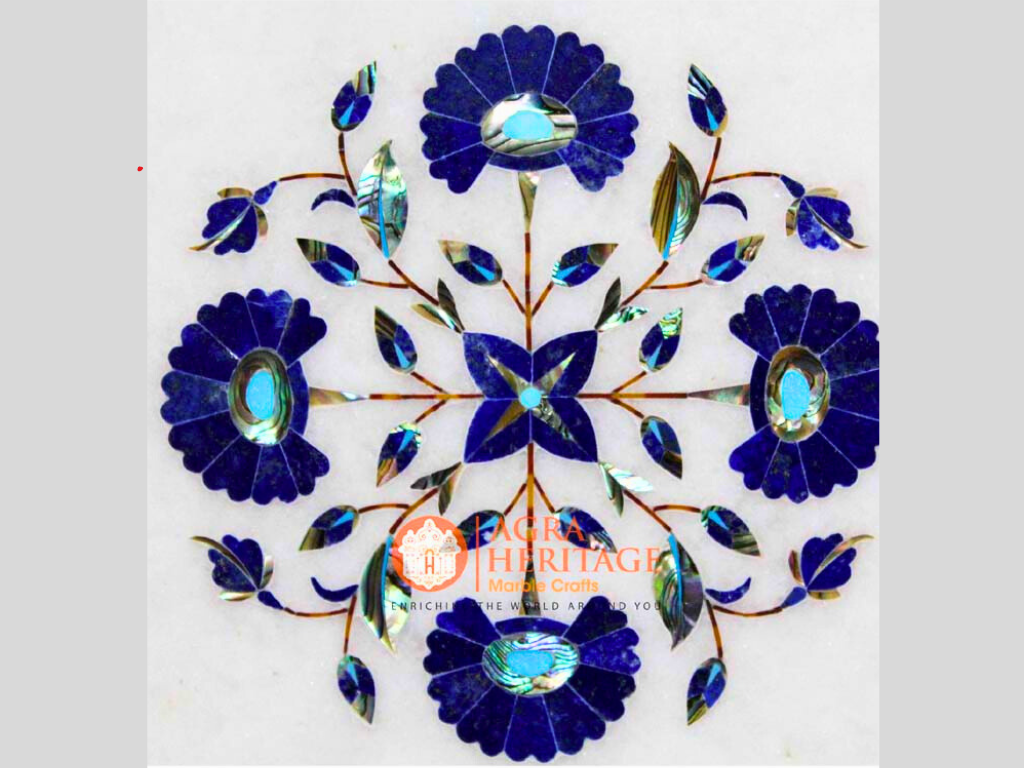 White Marble Lapis Inlaid Floral Work Cafeteria Table Top